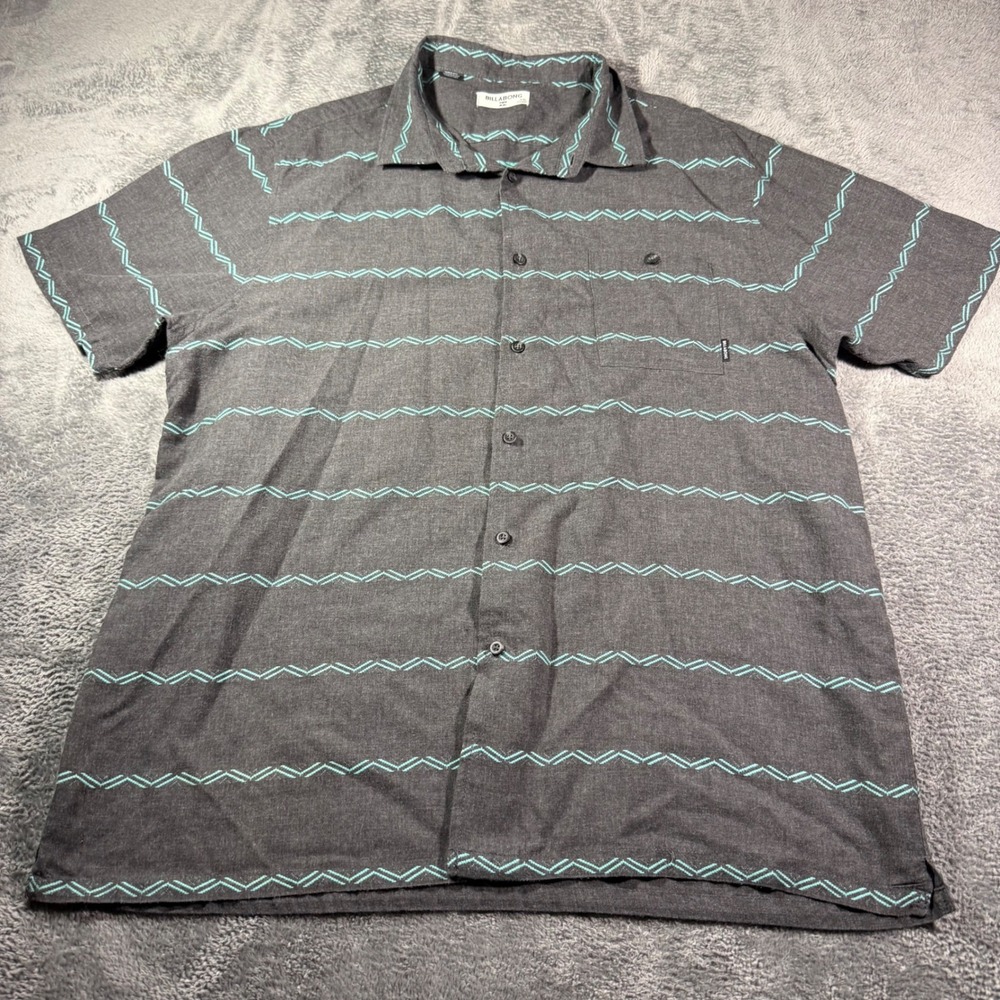 Billabong Mens XXL Gray Turquoise Embroidered‎ Zigzag Stripe Short Sleeve Shirt